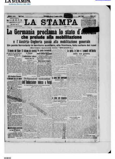 La prima pagina de La Stampa dell'1 agosto 1914