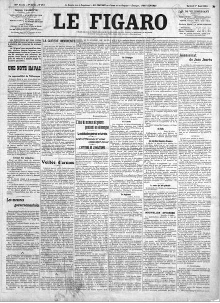 La prima pagina de Le Figaro dell'1 agosto 1914