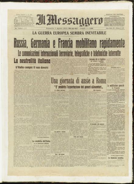 La prima pagina de Il Messaggero del 2 agosto 1914