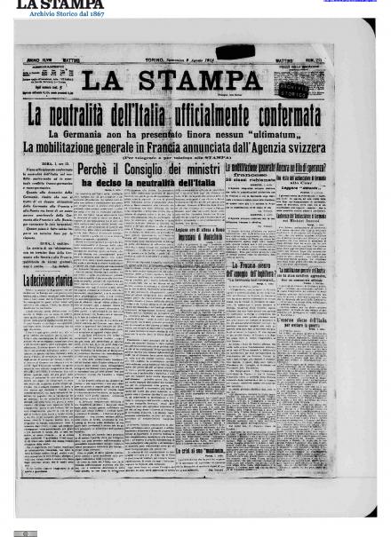 La prima pagina de La Stampa del 2 agosto 1914