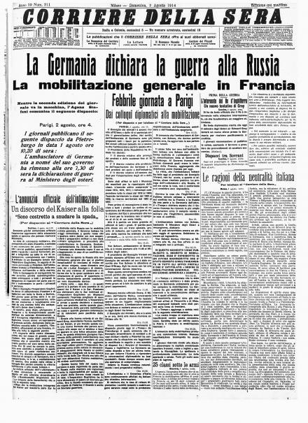La prima pagina del Corriere della Sera del 2 agosto 1914