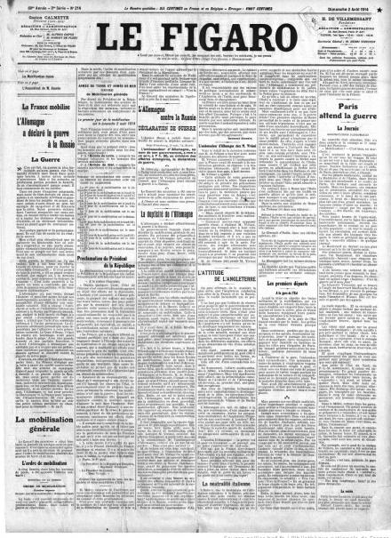 La prima pagina de Le Figaro del 2 agosto 1914