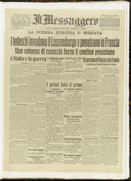 La prima pagina de Il Messaggero del 3 agosto 1914