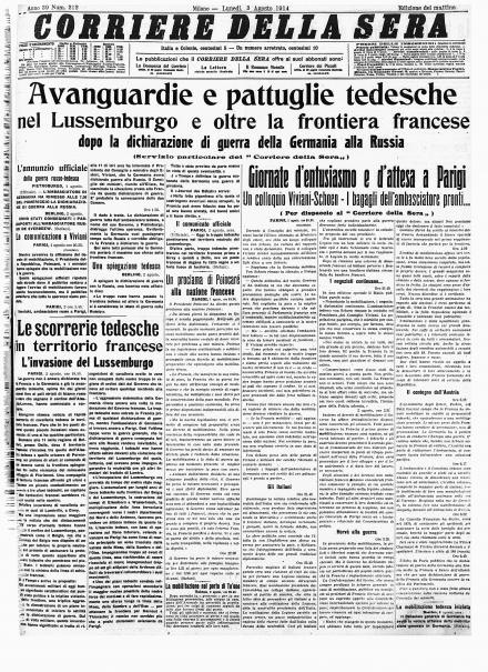 La prima pagina del Corriere della Sera del 3 agosto 1914