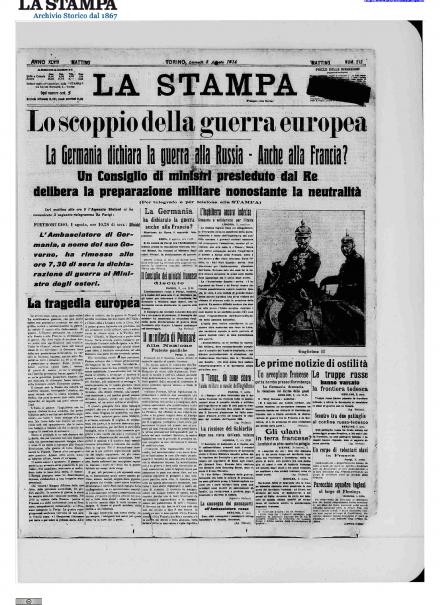 La prima pagina de La Stampa del 3 agosto 1914