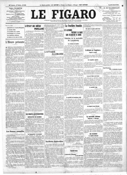 La prima pagina de Le Figaro del 3 agosto 1914