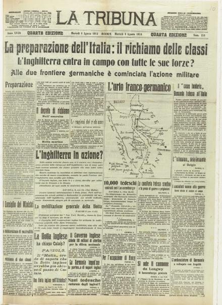 La prima pagina de La Tribuna del 4 agosto 1914