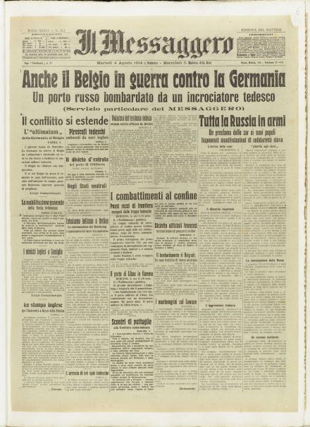 La prima pagina de Il Messaggero del 4 agosto 1914