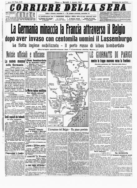 La prima pagina del Corriere della Sera del 4 agosto 1914