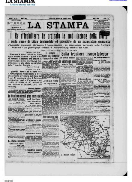 La prima pagina de La Stampa del 4 agosto 1914