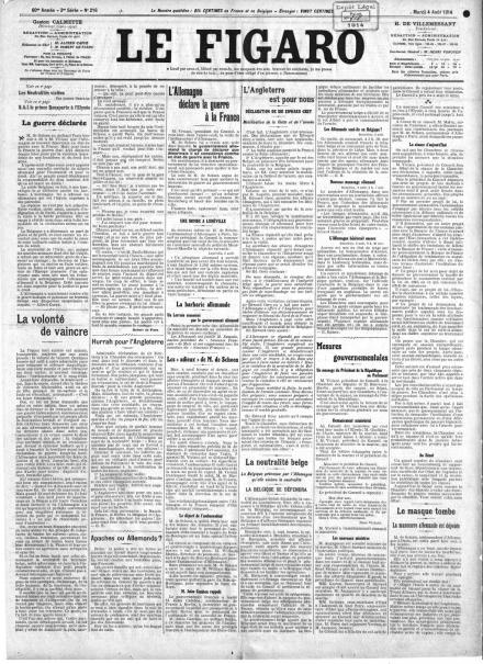 La prima pagina de Le Figaro del 4 agosto 1914