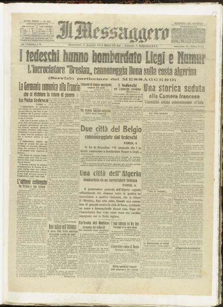 La prima pagina de Il Messaggero del 5 agosto 1914 