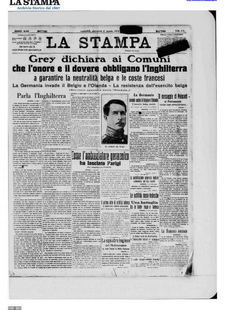 La prima pagina de La Stampa del 5 agosto 1914