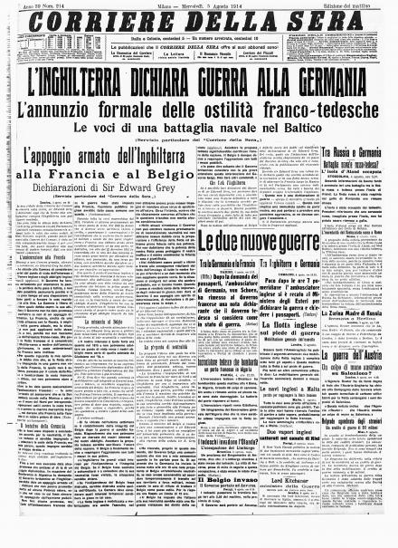 La prima pagina del Corriere della Sera del 5 agosto 1914