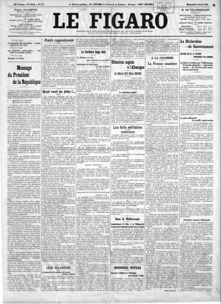 La prima pagina de Le Figaro del 5 agosto 1914