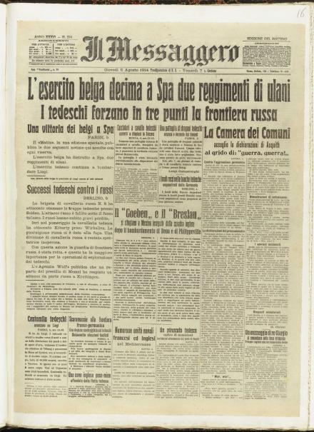 La prima pagina de Il Messaggero del 6 agosto 1914 