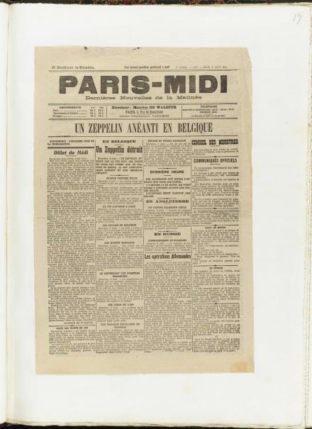 La prima pagina de Paris Midi del 6 agosto 1914