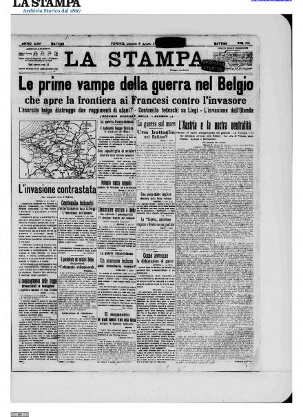 La prima pagina de La Stampa del 6 agosto 1914