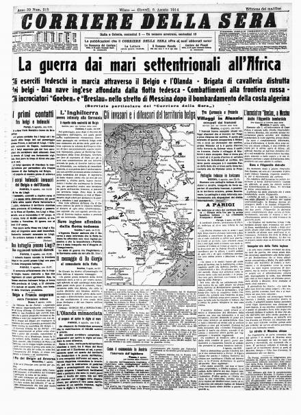 La prima pagina del Corriere della Sera del 6 agosto 1914