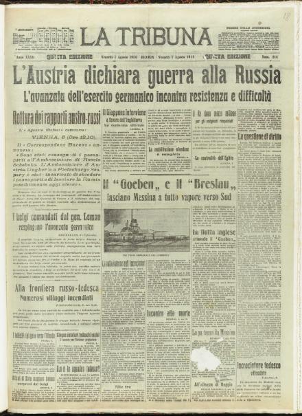 La prima pagina de La Tribuna del 7 agosto 1914
