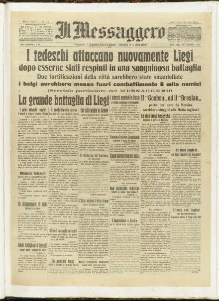 La prima pagina de Il Messaggero del 7 agosto 1914 