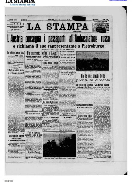 La prima pagina de La Stampa del 7 agosto 1914