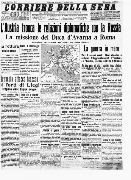 La prima pagina del Corriere della Sera del 7 agosto 1914