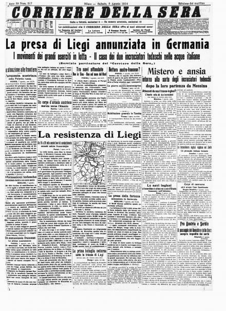 La prima pagina del Corriere della Sera dell'8 agosto 1914