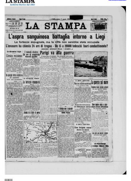 La prima pagina de La Stampa dell'8 agosto 1914