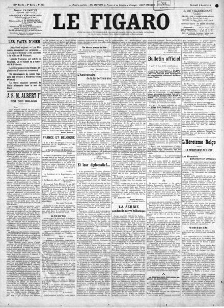 La prima pagina de Le Figaro dell'8 agosto 1914