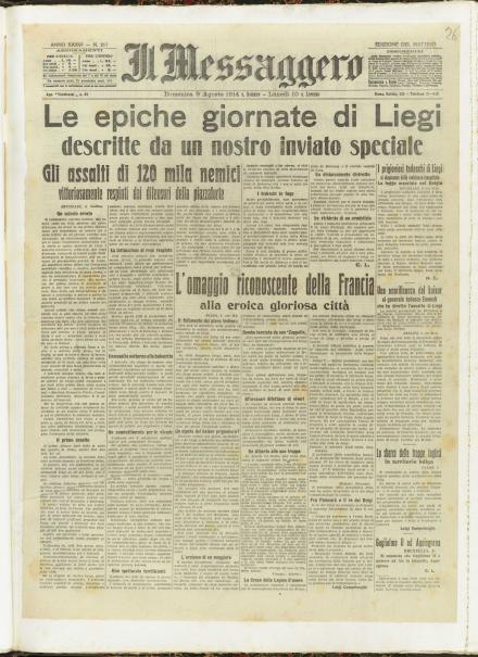 La prima pagina de Il Messaggero del 9 agosto 1914