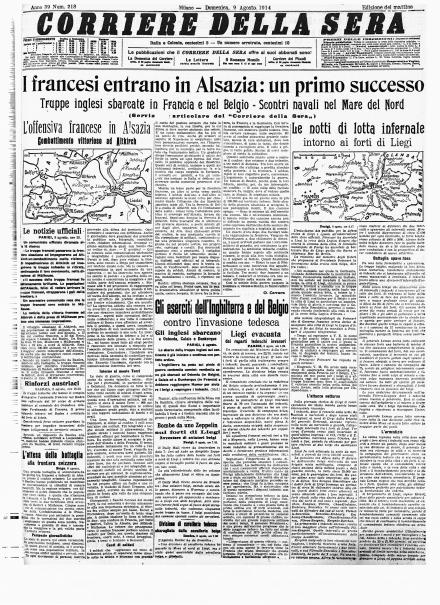 La prima pagina del Corriere della Sera del 9 agosto 1914