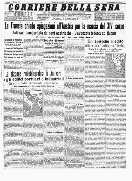 La prima pagina del Corriere della Sera del 10 agosto 1914