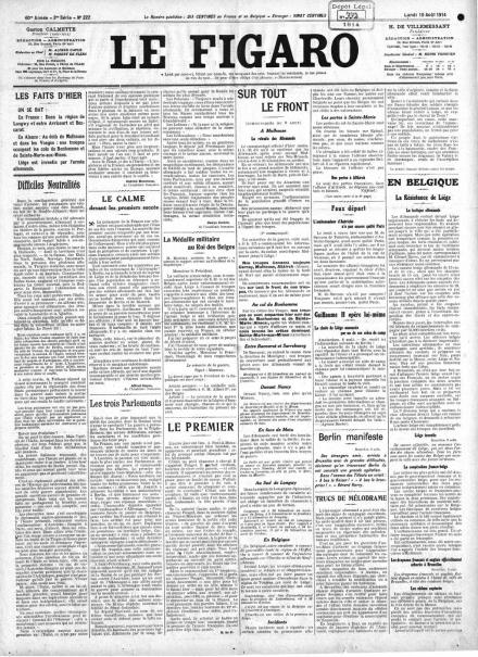 La prima pagina de Le Figaro del 10 agosto 1914