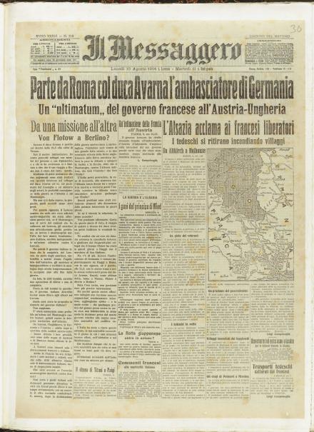 La prima pagina de Il Messaggero del 10 agosto 1914