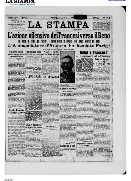 La prima pagina de La Stampa dell'11 agosto 1914