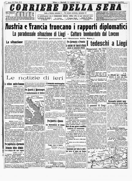 La prima pagina del Corriere della Sera dell'11 agosto 1914