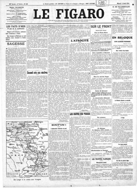 La prima pagina de Le Figaro dell'11 agosto 1914