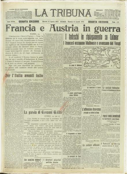 La prima pagina de La Tribuna dell'11 agosto 1914