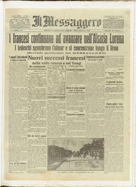 La prima pagina de Il Messaggero dell'11 agosto 1914