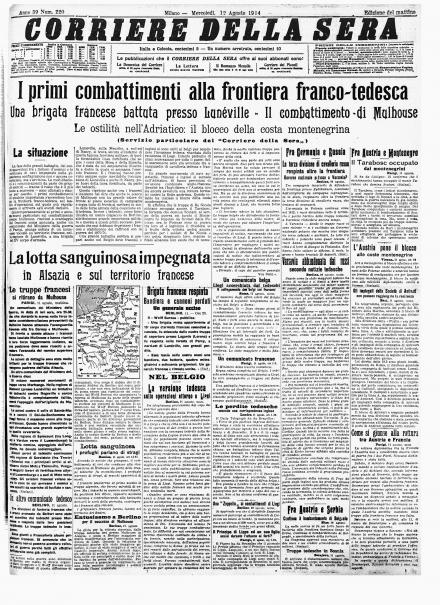 La prima pagina del Corriere della Sera del 12 agosto 1914