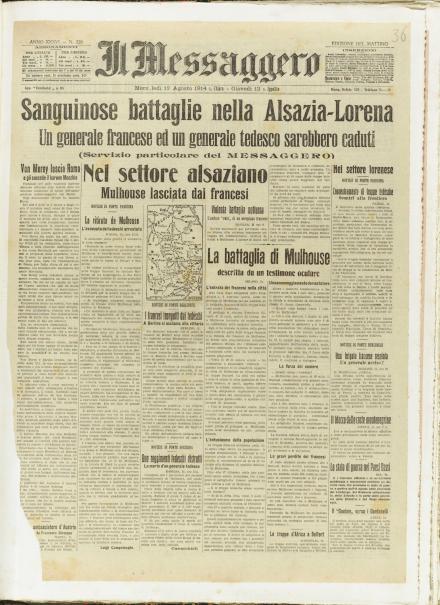 La prima pagina de Il Messaggero del 12 agosto 1914