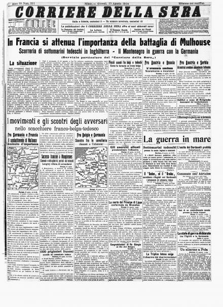 La prima pagina del Corriere della Sera del 13 agosto 1914