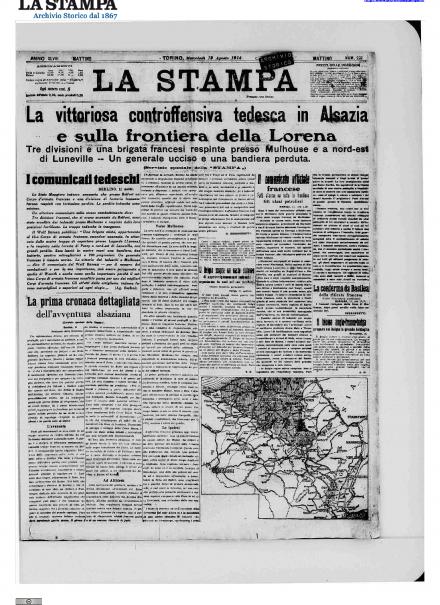La prima pagina de La Stampa del 13 agosto 1914