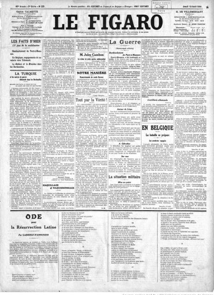 La prima pagina de Le Figaro del 13 agosto 1914