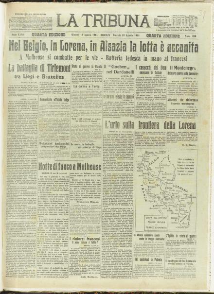 La prima pagina de La Tribuna del 13 agosto 1914