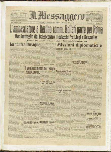 La prima pagina de Il Messaggero del 13 agosto 1914
