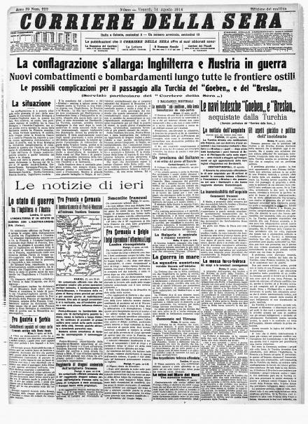 La prima pagina del Corriere della Sera del 14 agosto 1914