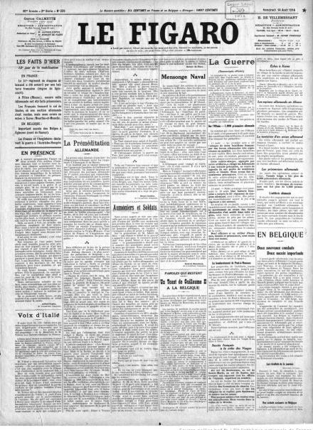 La prima pagina de Le Figaro del 14 agosto 1914
