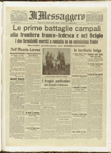 La prima pagina de Il Messaggero del 14 agosto 1914